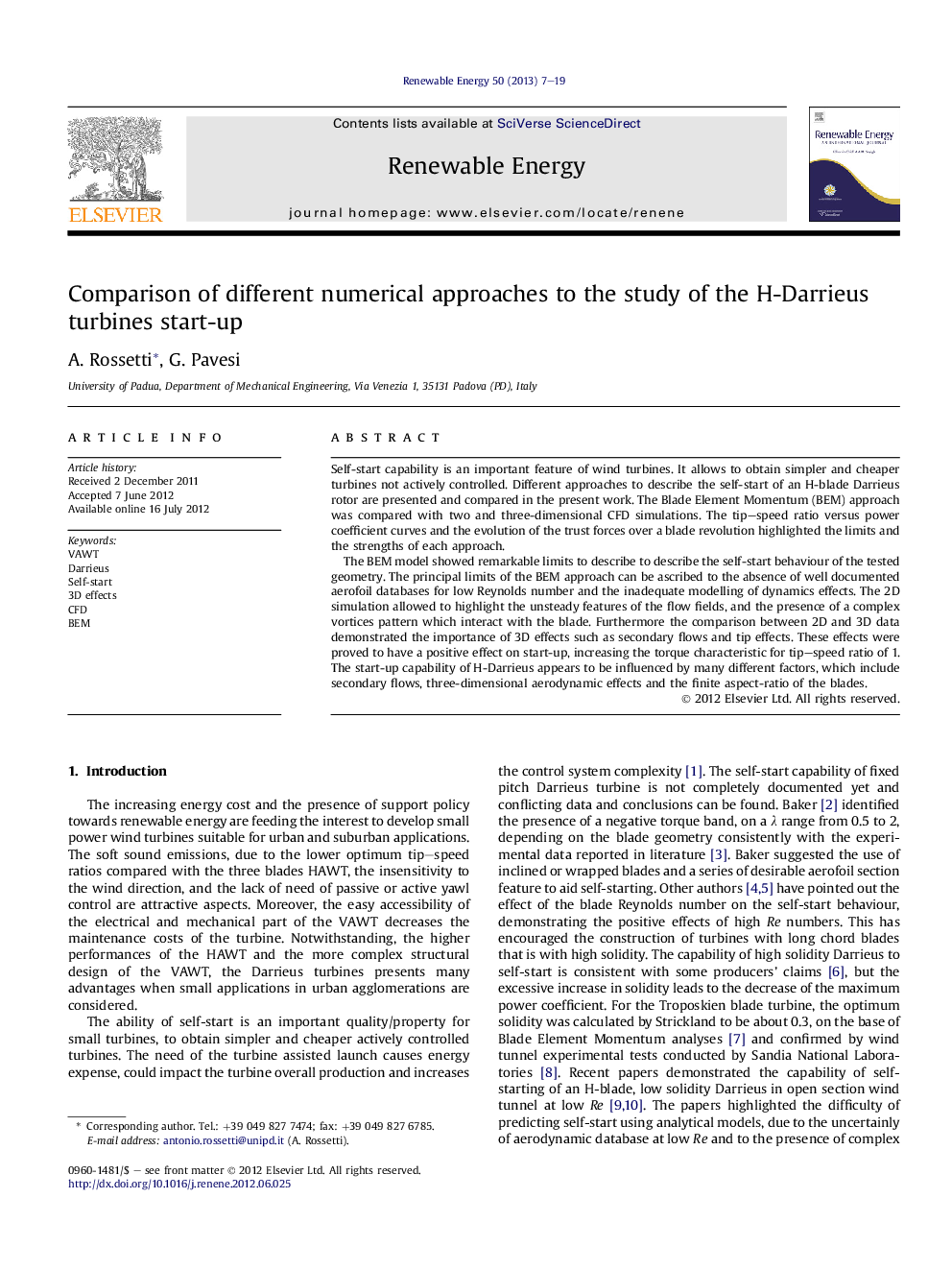 Comparison of different numerical approaches to the study of the H-Darrieus turbines start-up