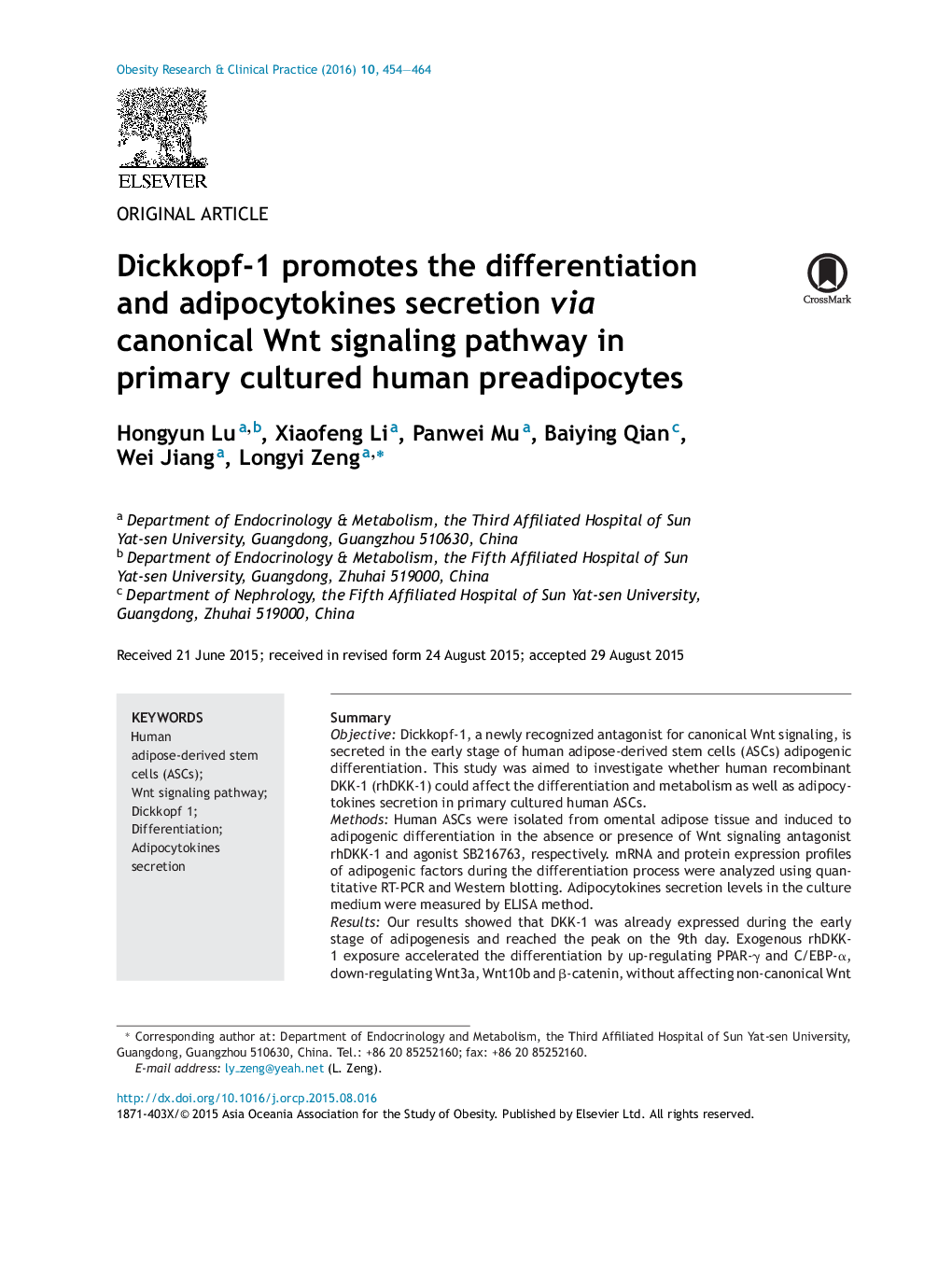 Dickkopf-1 promotes the differentiation and adipocytokines secretion via canonical Wnt signaling pathway in primary cultured human preadipocytes