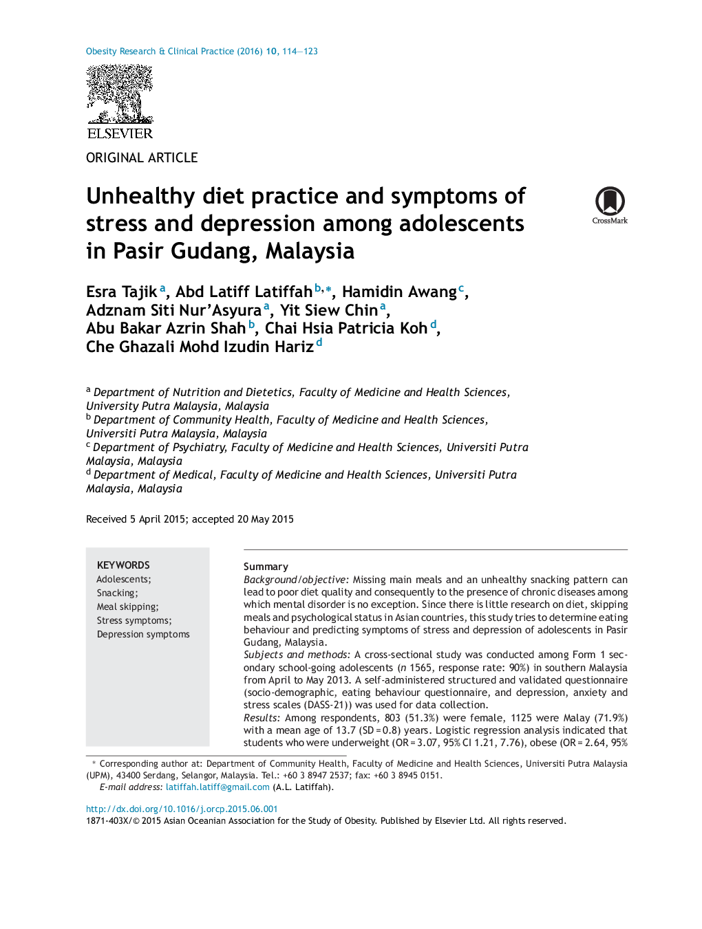 Unhealthy diet practice and symptoms of stress and depression among adolescents in Pasir Gudang, Malaysia