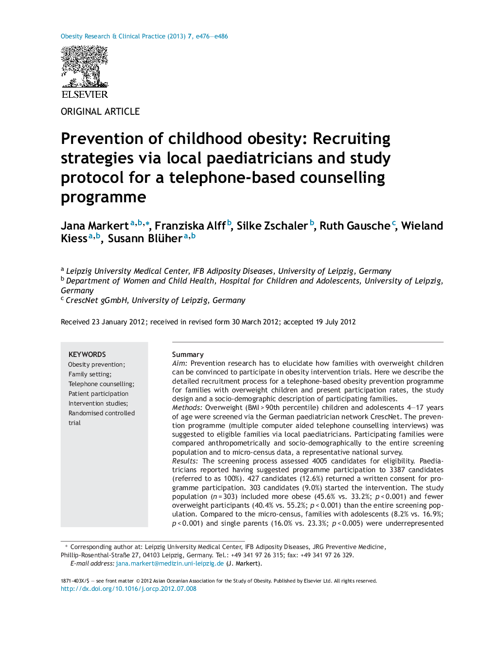 Prevention of childhood obesity: Recruiting strategies via local paediatricians and study protocol for a telephone-based counselling programme