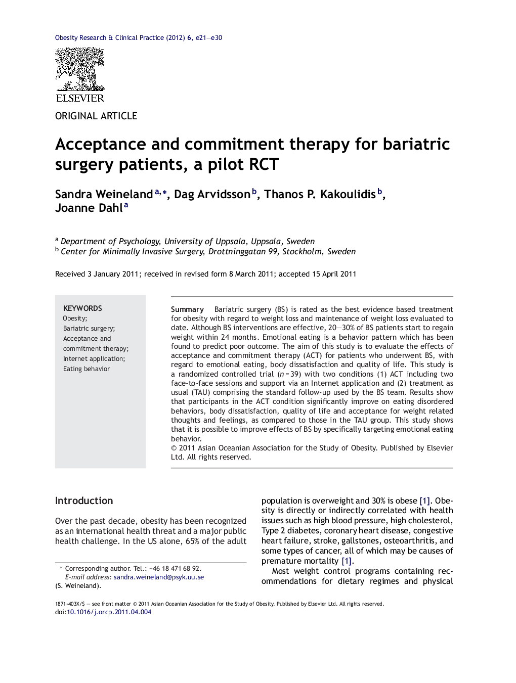 Acceptance and commitment therapy for bariatric surgery patients, a pilot RCT