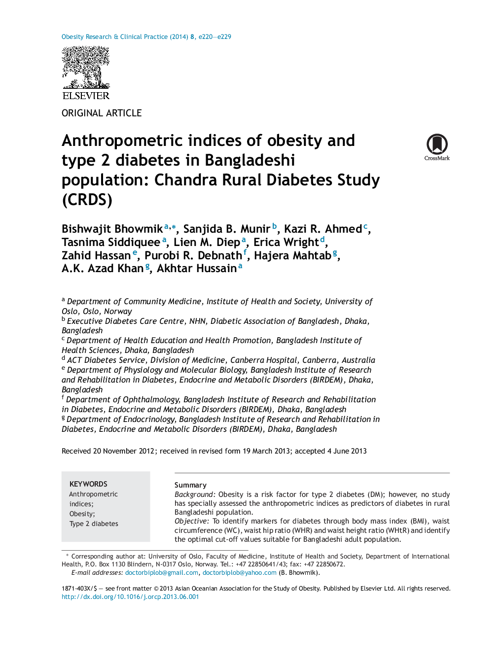 Anthropometric indices of obesity and type 2 diabetes in Bangladeshi population: Chandra Rural Diabetes Study (CRDS)