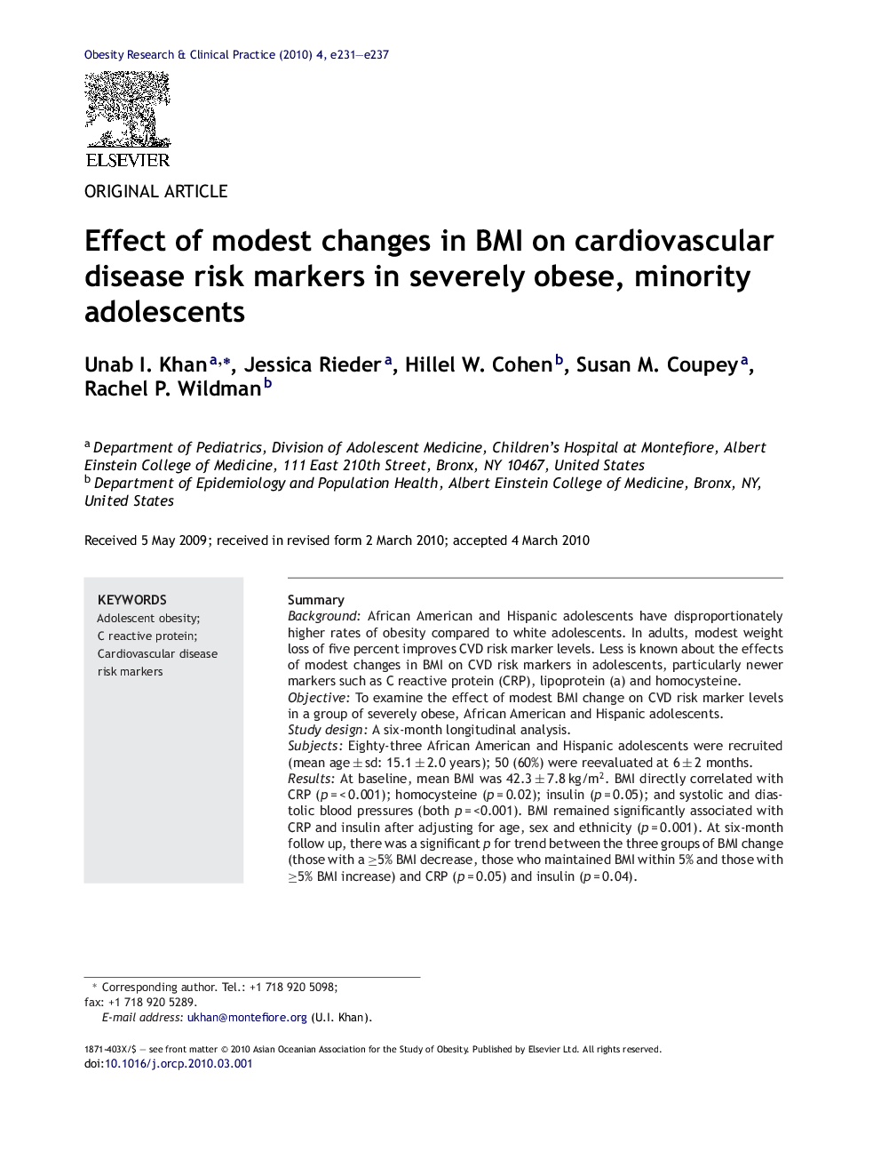 Effect of modest changes in BMI on cardiovascular disease risk markers in severely obese, minority adolescents