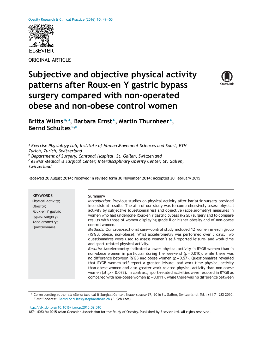 Subjective and objective physical activity patterns after Roux-en Y gastric bypass surgery compared with non-operated obese and non-obese control women