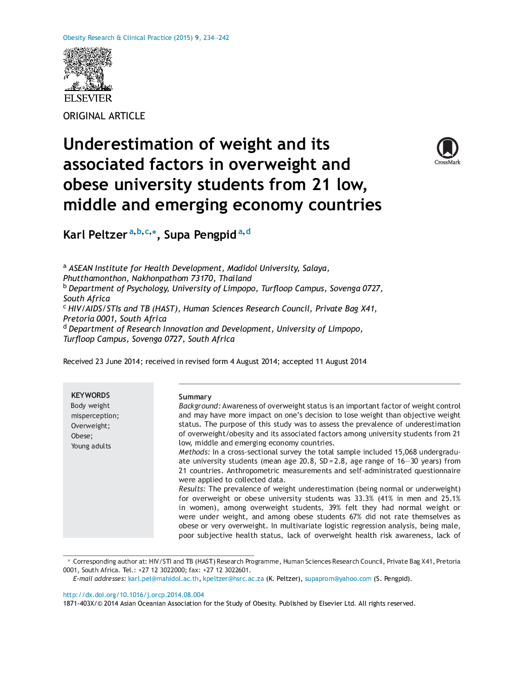 کمبود وزن و عوامل مرتبط با آن در دانشجویان دارای اضافه وزن و چاقی از 21 کشور کم، متوسط ​​و اقتصادهای در حال ظهور 