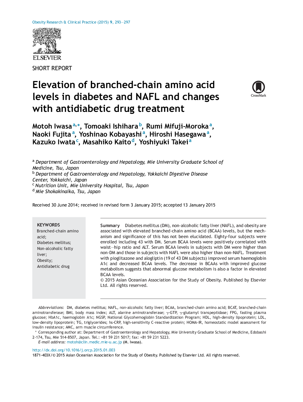 Elevation of branched-chain amino acid levels in diabetes and NAFL and changes with antidiabetic drug treatment