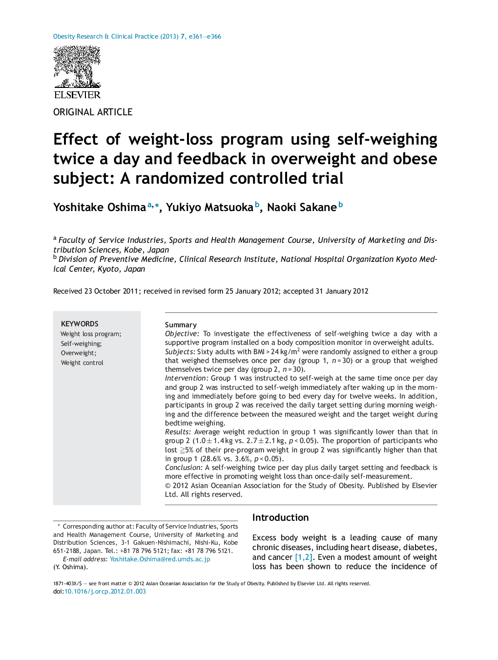 Effect of weight-loss program using self-weighing twice a day and feedback in overweight and obese subject: A randomized controlled trial