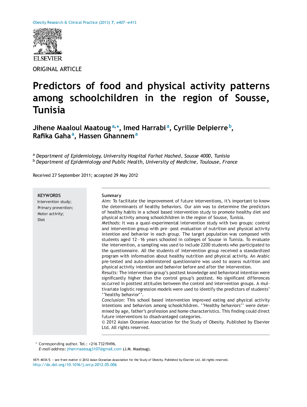 Predictors of food and physical activity patterns among schoolchildren in the region of Sousse, Tunisia