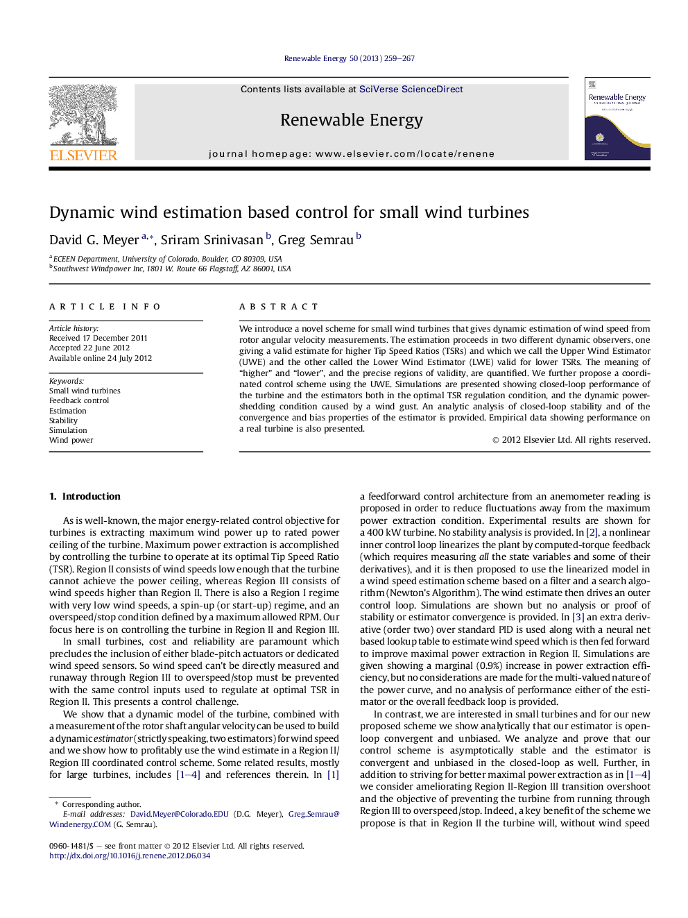 Dynamic wind estimation based control for small wind turbines