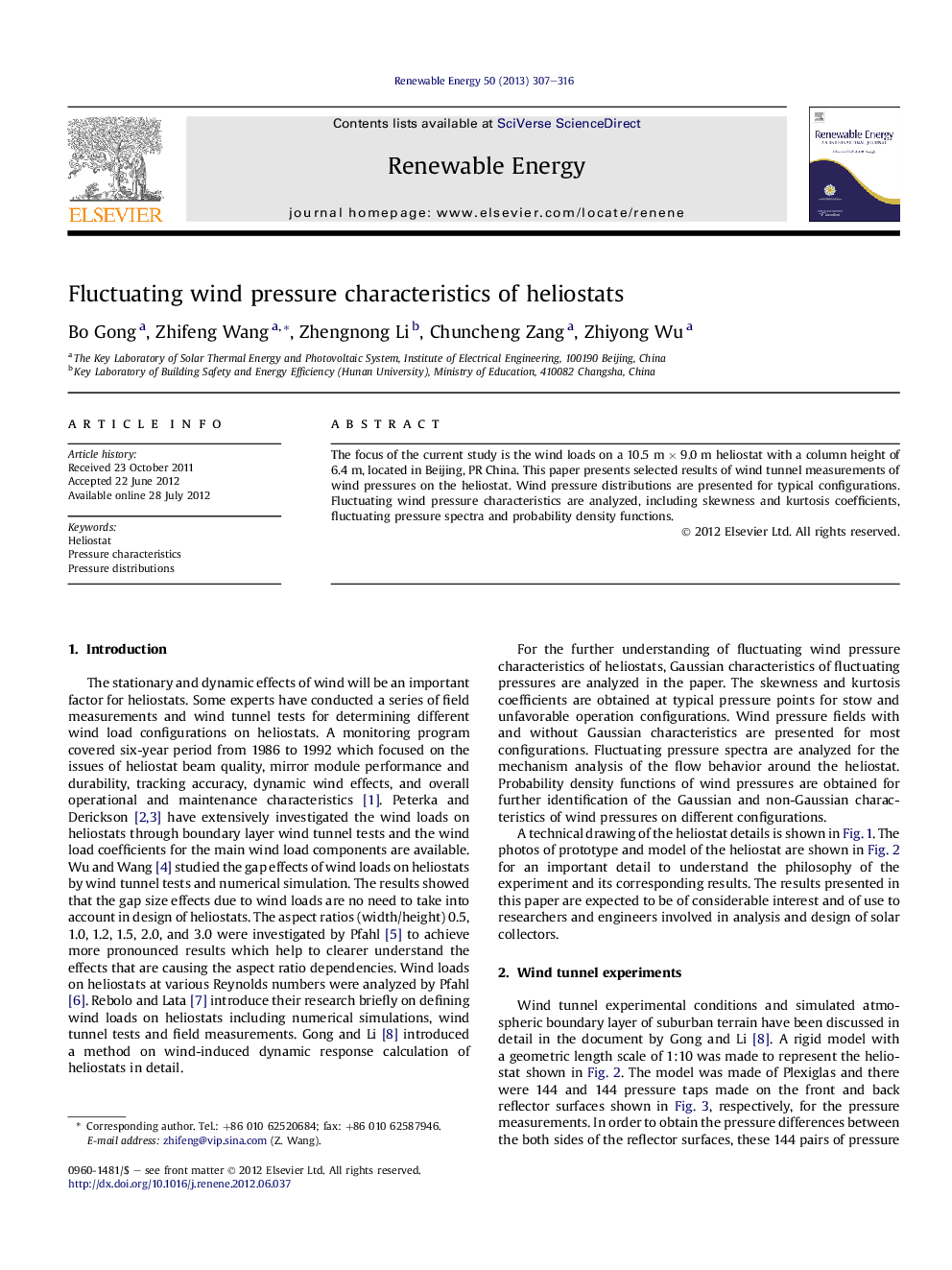 Fluctuating wind pressure characteristics of heliostats