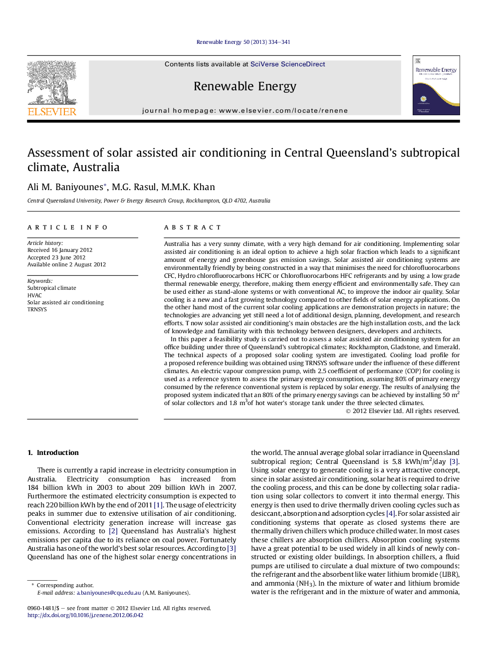 Assessment of solar assisted air conditioning in Central Queensland's subtropical climate, Australia