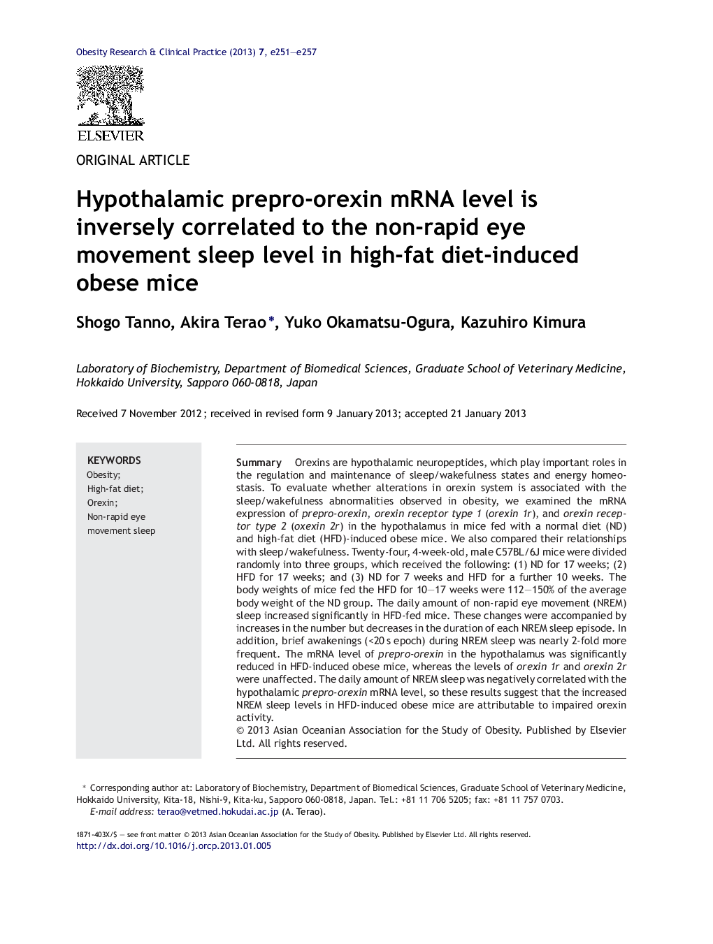 Hypothalamic prepro-orexin mRNA level is inversely correlated to the non-rapid eye movement sleep level in high-fat diet-induced obese mice