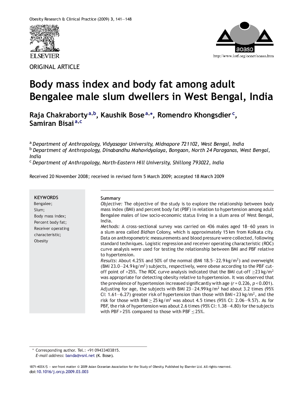 Body mass index and body fat among adult Bengalee male slum dwellers in West Bengal, India