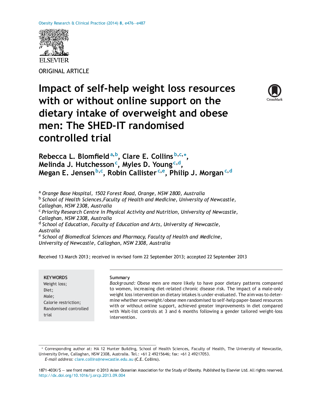 Impact of self-help weight loss resources with or without online support on the dietary intake of overweight and obese men: The SHED-IT randomised controlled trial