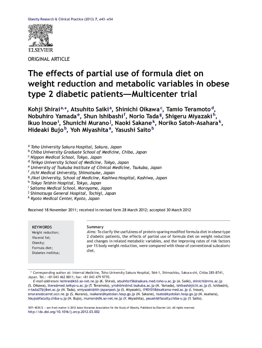 عکس صفحه اول مقاله: The effects of partial use of formula diet on weight reduction and metabolic variables in obese type 2 diabetic patients—Multicenter trial The effects of partial use of formula diet on weight reduction and metabolic variables in obese type 2 diabetic patients—Multicenter trial