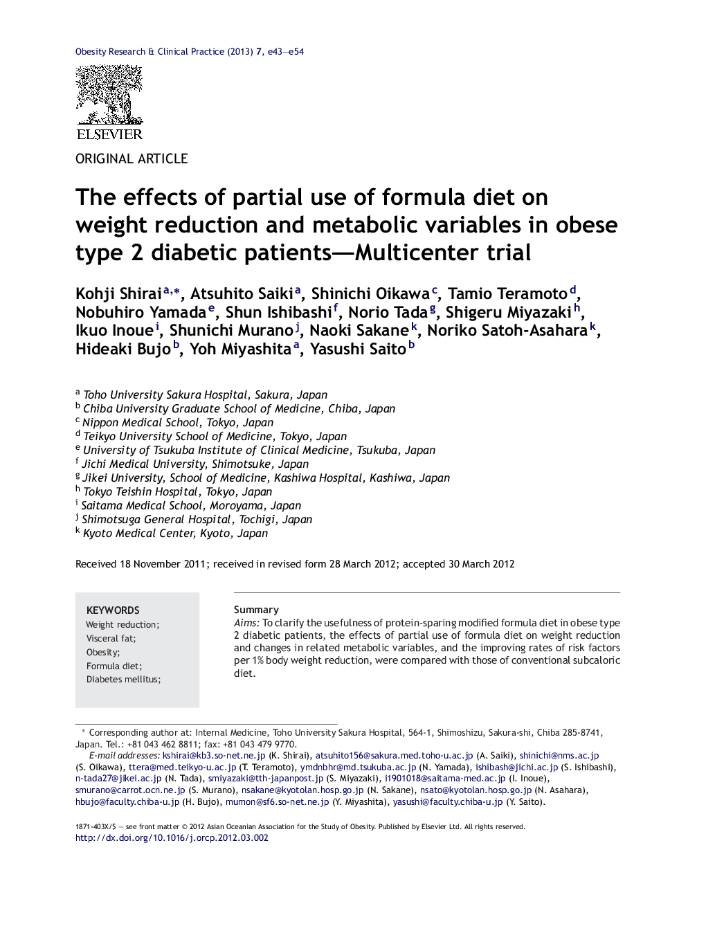 The effects of partial use of formula diet on weight reduction and metabolic variables in obese type 2 diabetic patients—Multicenter trial