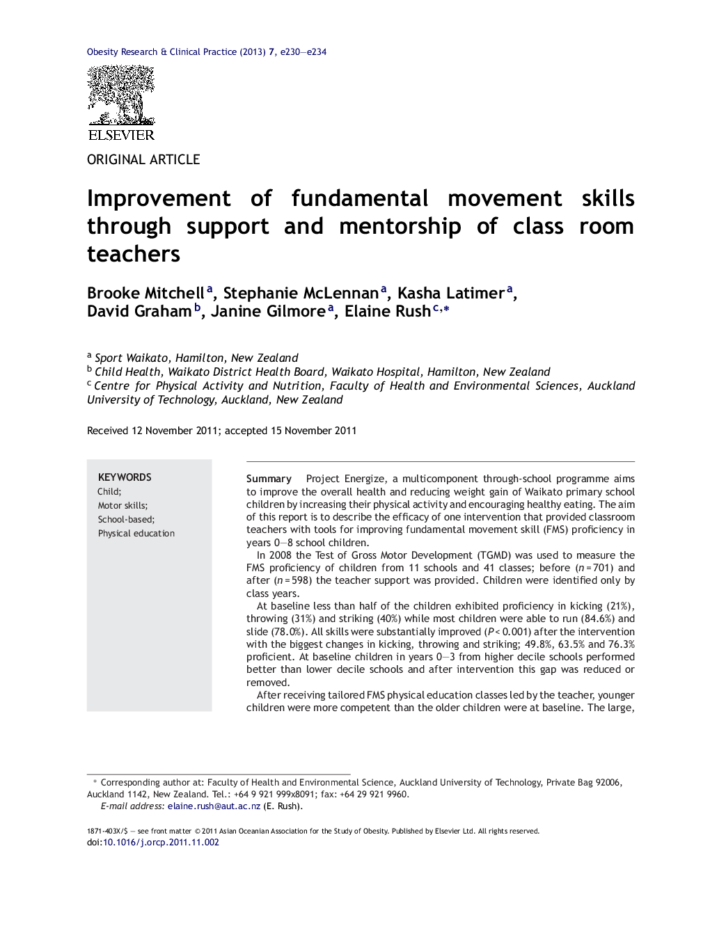 Improvement of fundamental movement skills through support and mentorship of class room teachers