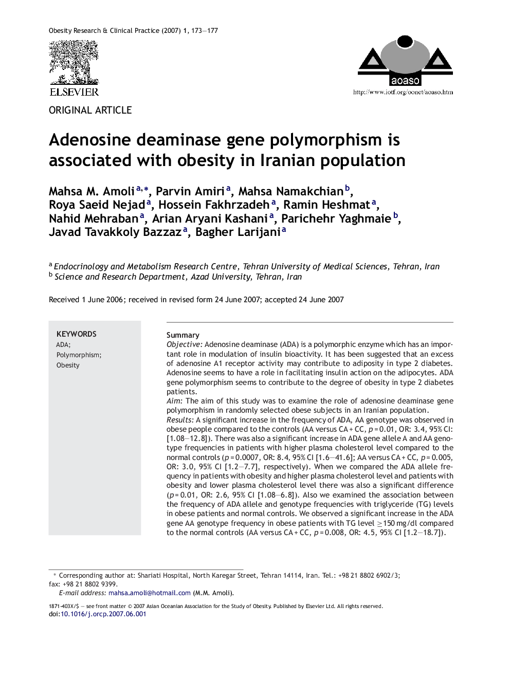 Adenosine deaminase gene polymorphism is associated with obesity in Iranian population