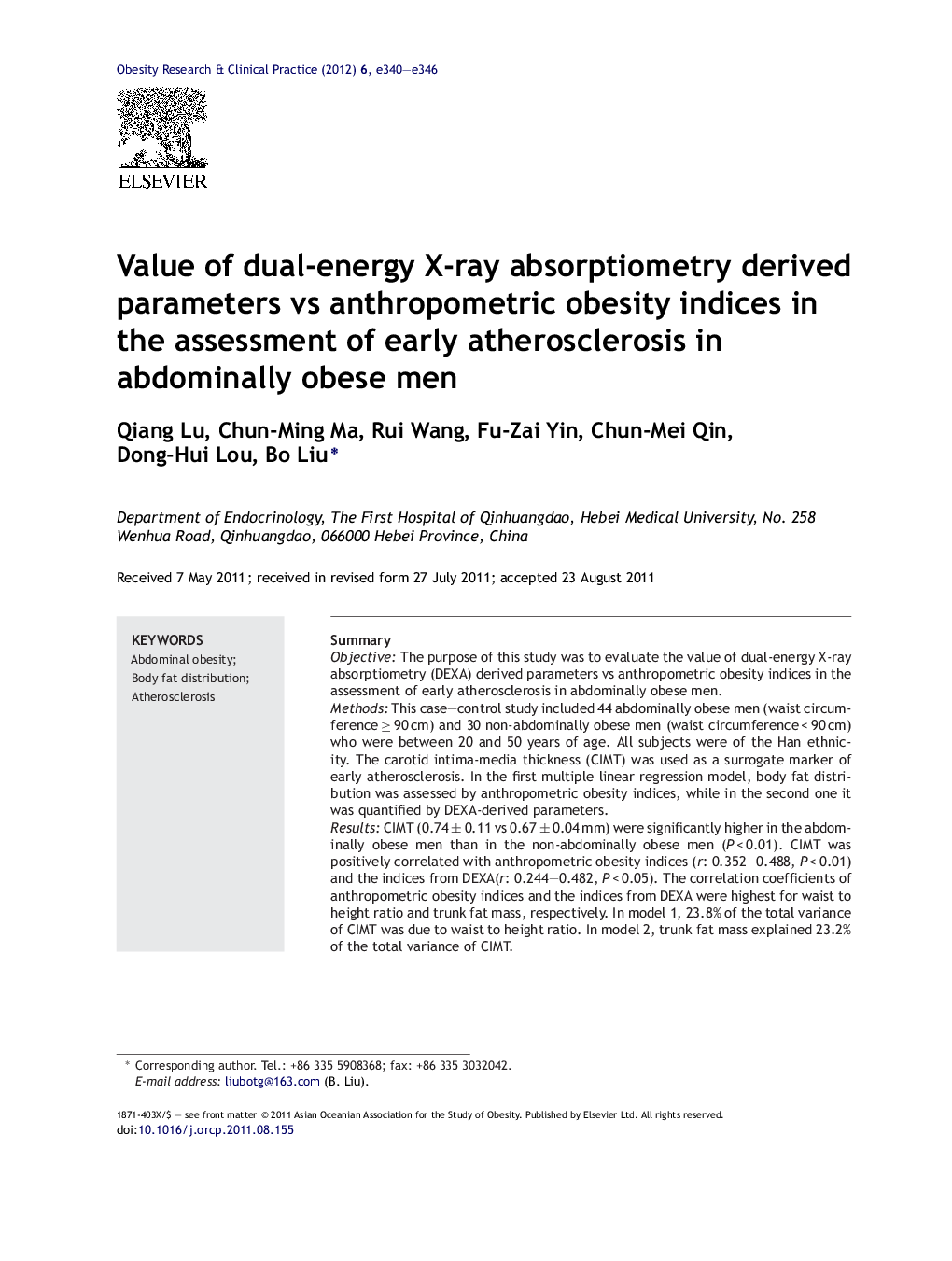 Value of dual-energy X-ray absorptiometry derived parameters vs anthropometric obesity indices in the assessment of early atherosclerosis in abdominally obese men
