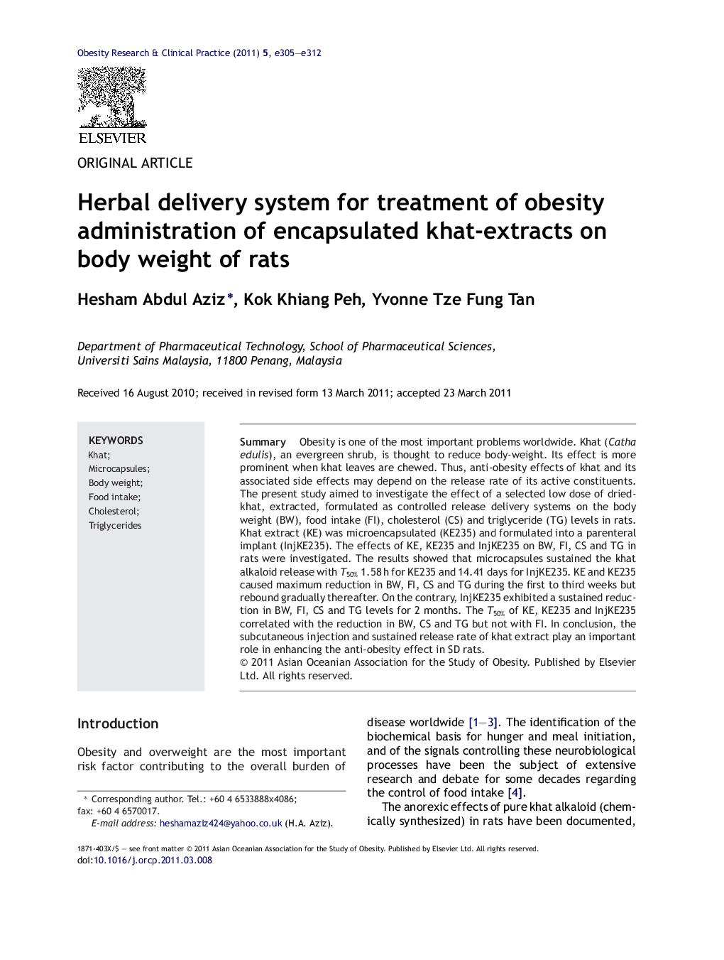 Herbal delivery system for treatment of obesity administration of encapsulated khat-extracts on body weight of rats