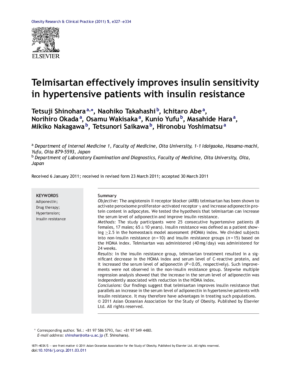 Telmisartan effectively improves insulin sensitivity in hypertensive patients with insulin resistance