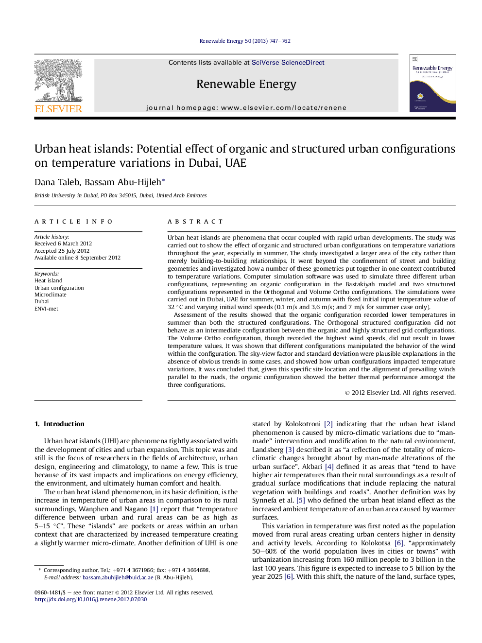 Urban heat islands: Potential effect of organic and structured urban configurations on temperature variations in Dubai, UAE