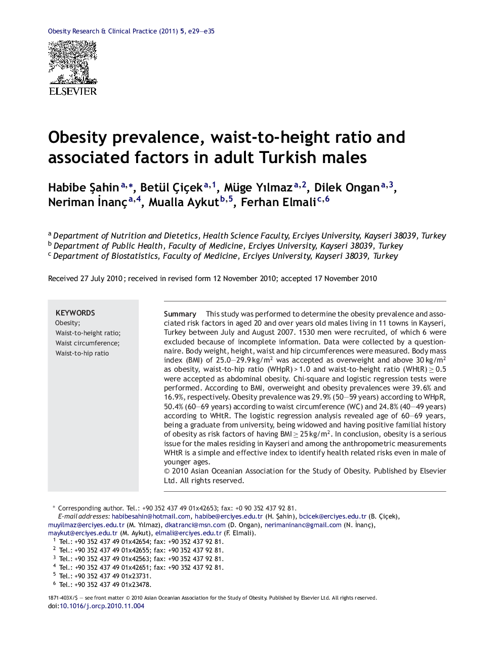 Obesity prevalence, waist-to-height ratio and associated factors in adult Turkish males