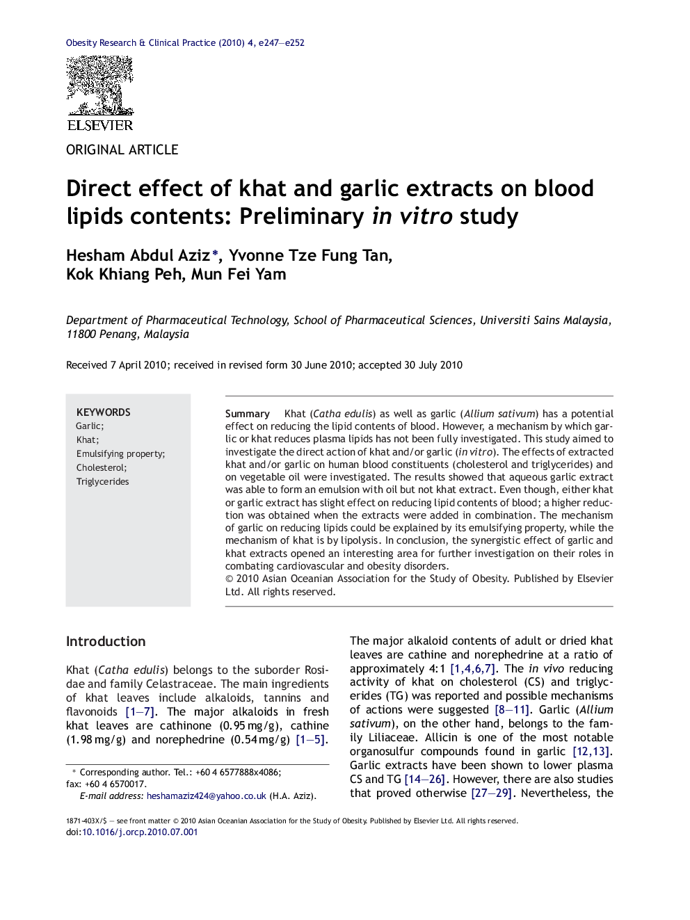 Direct effect of khat and garlic extracts on blood lipids contents: Preliminary in vitro study