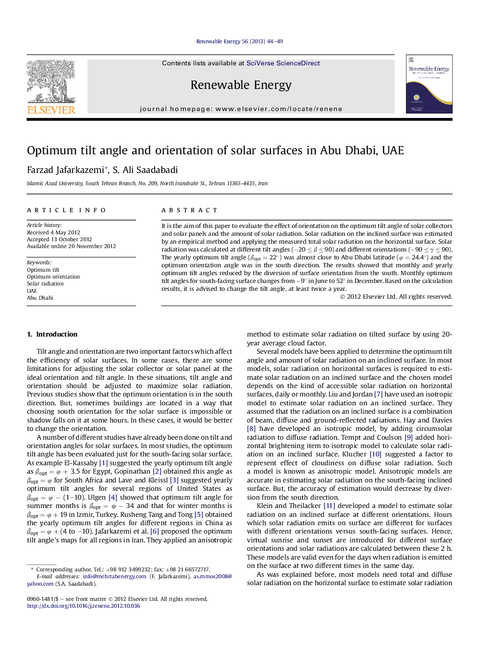 عکس صفحه اول مقاله: Optimum tilt angle and orientation of solar surfaces in Abu Dhabi, UAE Optimum tilt angle and orientation of solar surfaces in Abu Dhabi, UAE