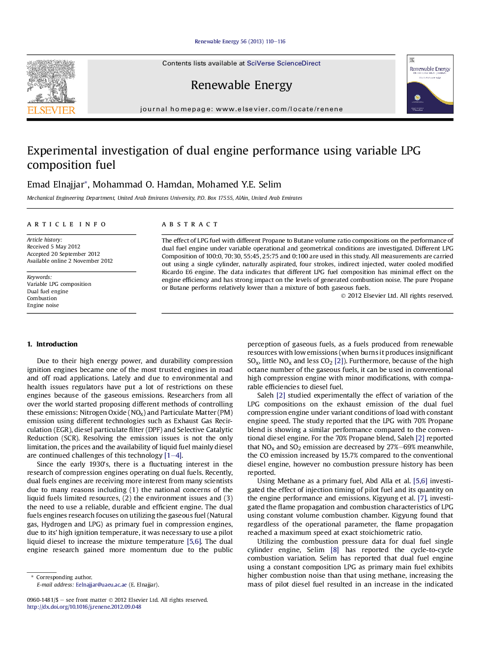 Experimental investigation of dual engine performance using variable LPG composition fuel