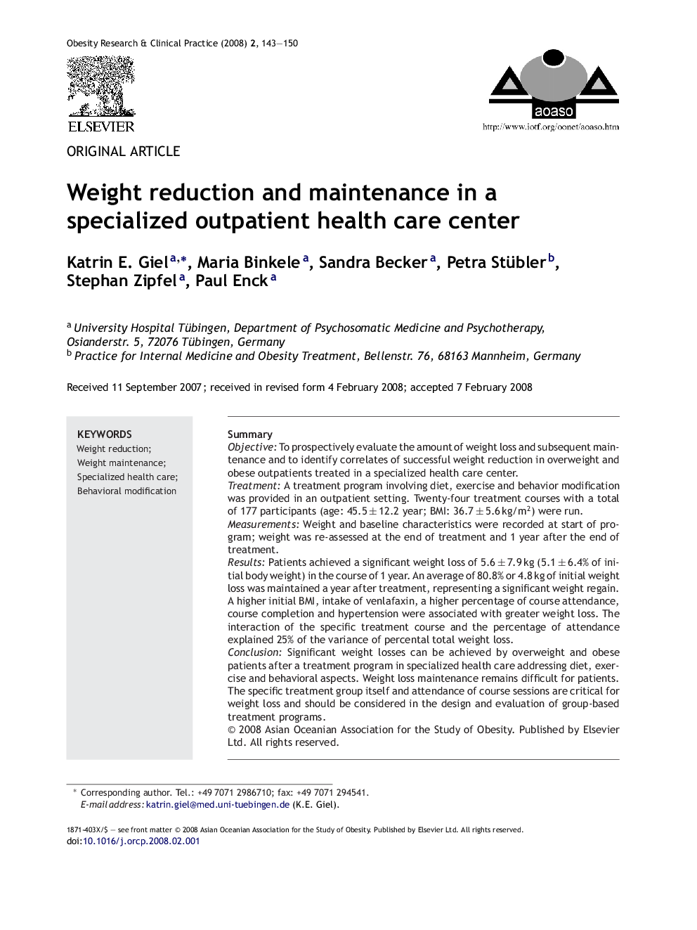 Weight reduction and maintenance in a specialized outpatient health care center