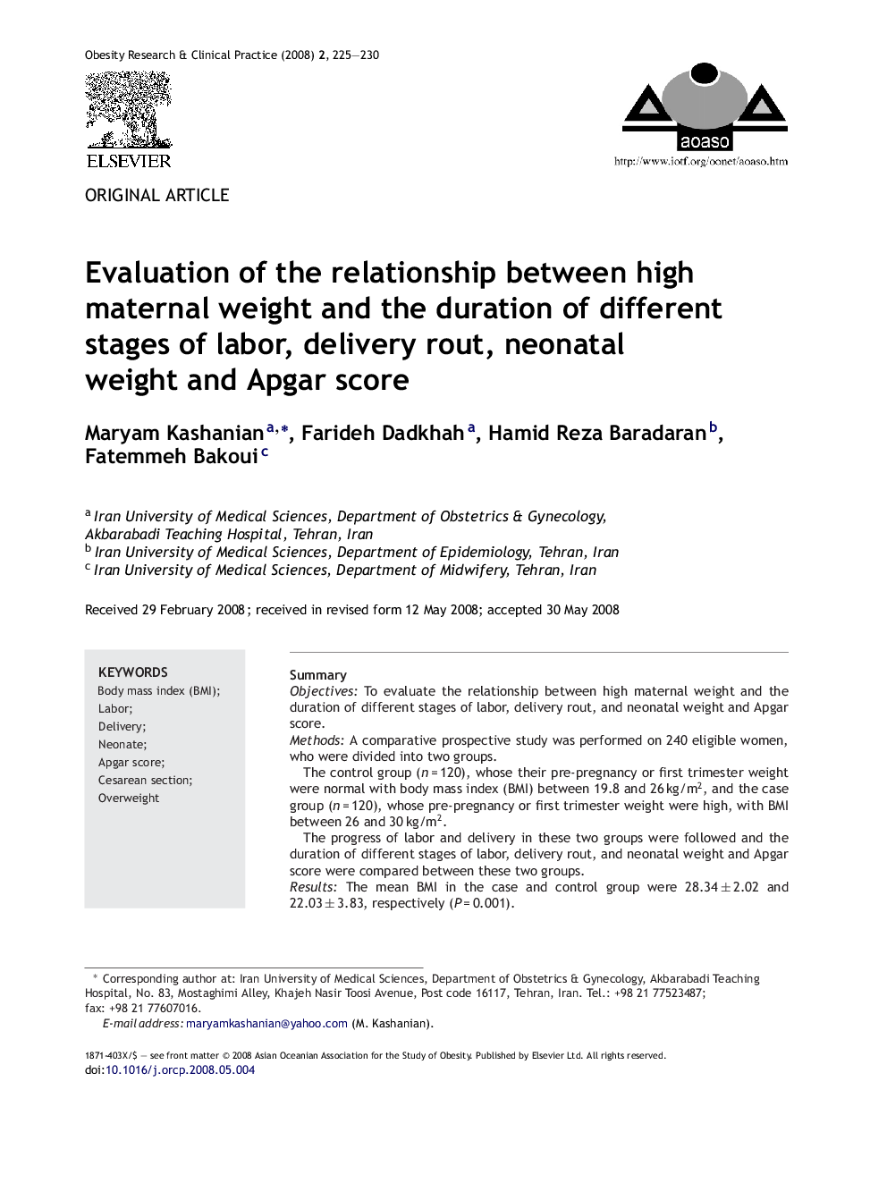 Evaluation of the relationship between high maternal weight and the duration of different stages of labor, delivery rout, neonatal weight and Apgar score