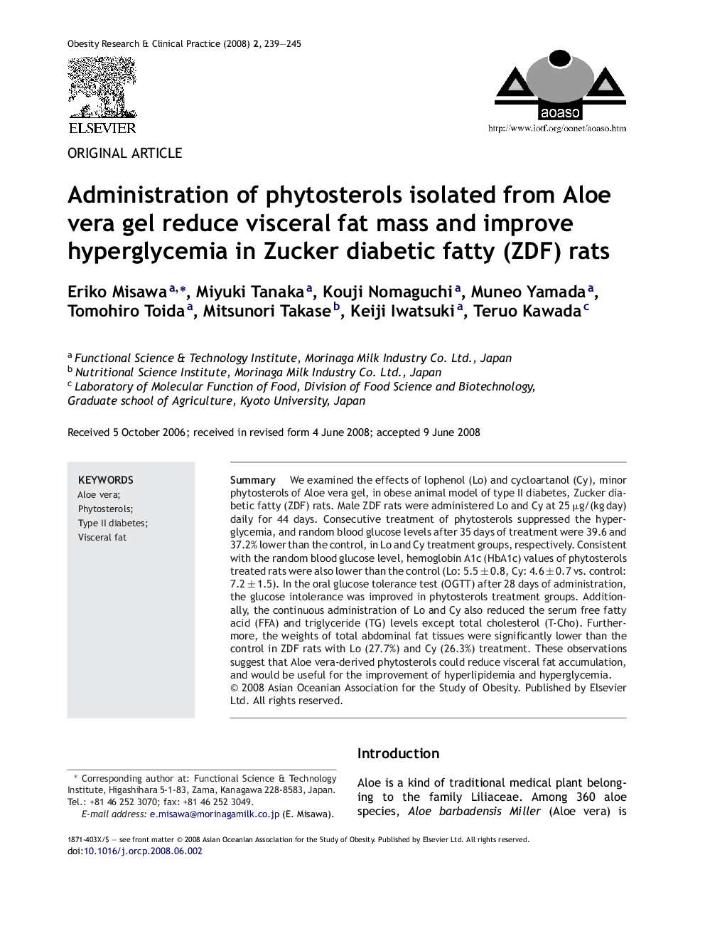 Administration of phytosterols isolated from Aloe vera gel reduce visceral fat mass and improve hyperglycemia in Zucker diabetic fatty (ZDF) rats