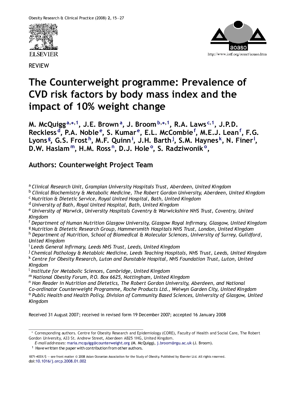 The Counterweight programme: Prevalence of CVD risk factors by body mass index and the impact of 10% weight change