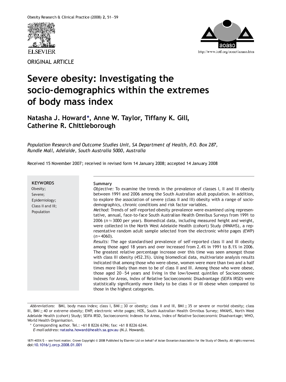 عکس صفحه اول مقاله: Severe obesity: Investigating the socio-demographics within the extremes of body mass index Severe obesity: Investigating the socio-demographics within the extremes of body mass index