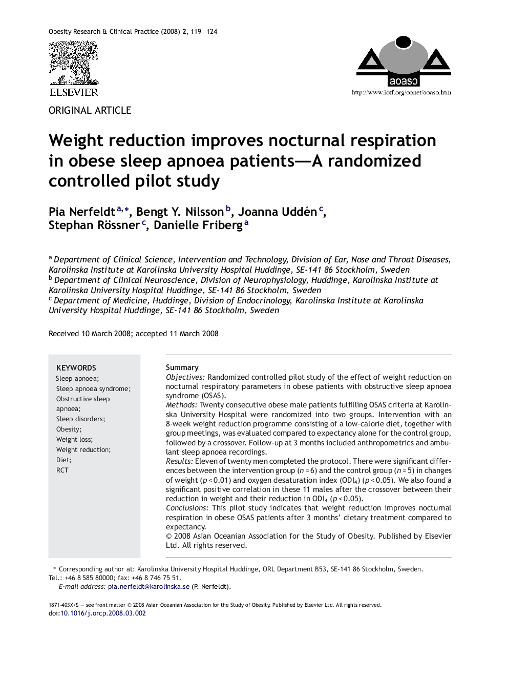 Weight reduction improves nocturnal respiration in obese sleep apnoea patients-A randomized controlled pilot study