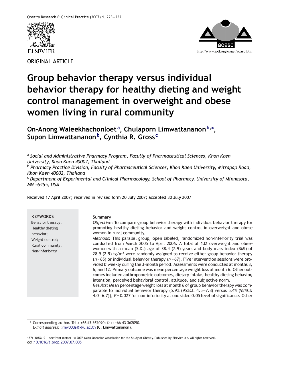 Group behavior therapy versus individual behavior therapy for healthy dieting and weight control management in overweight and obese women living in rural community