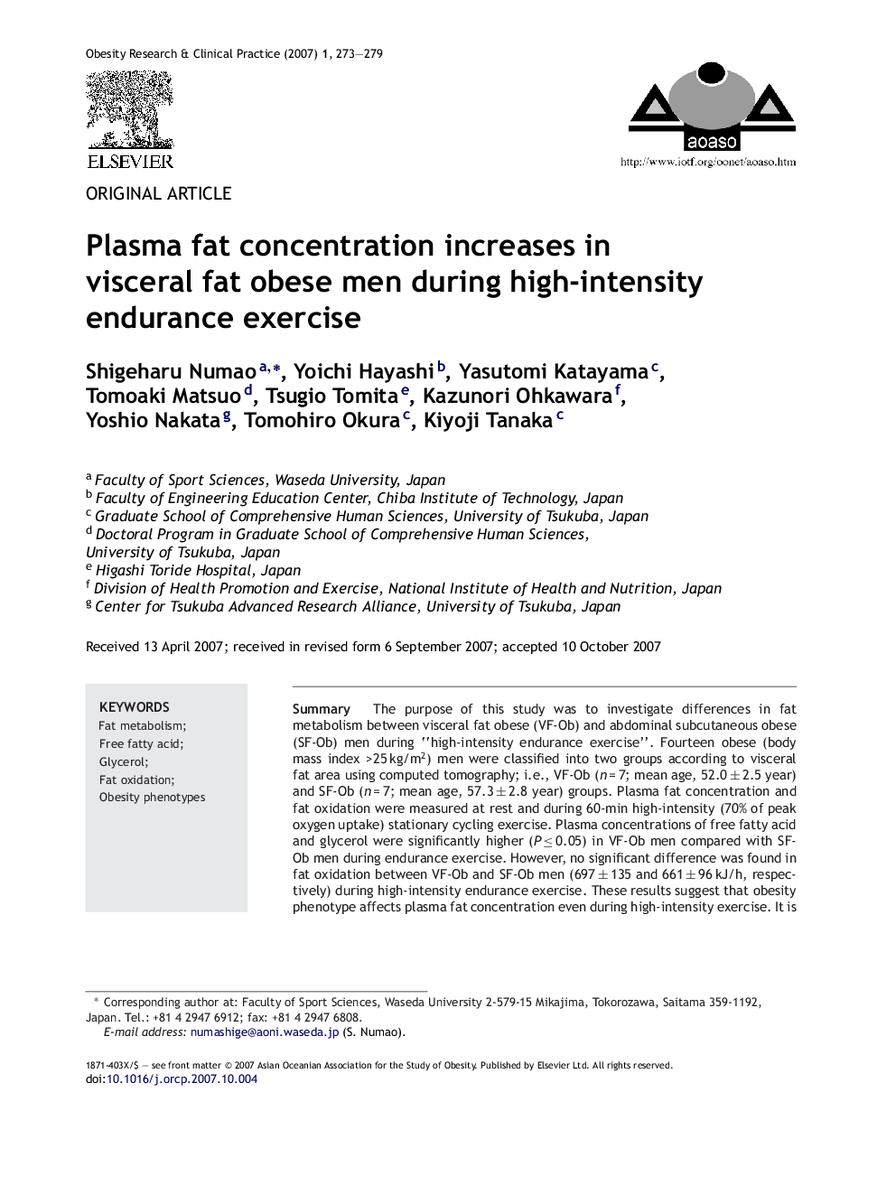 Plasma fat concentration increases in visceral fat obese men during high-intensity endurance exercise