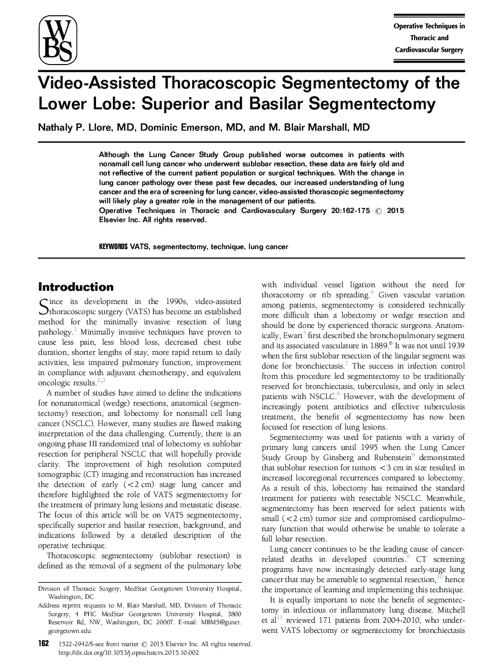 Video-Assisted Thoracoscopic Segmentectomy of the Lower Lobe: Superior and Basilar Segmentectomy