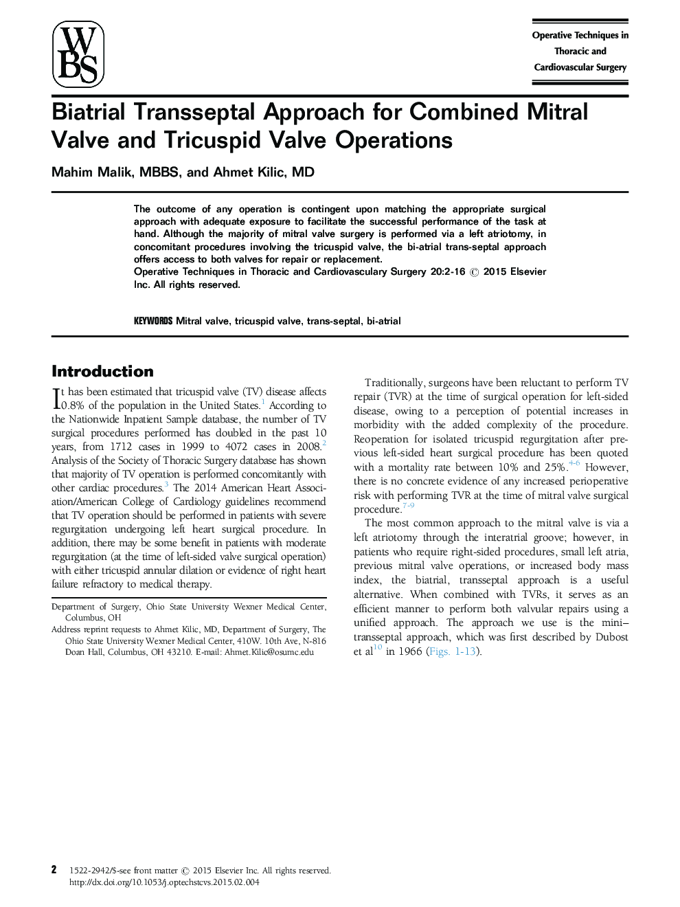 Biatrial Transseptal Approach for Combined Mitral Valve and Tricuspid Valve Operations