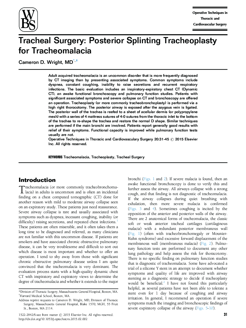 Tracheal Surgery: Posterior Splinting Tracheoplasty for Tracheomalacia