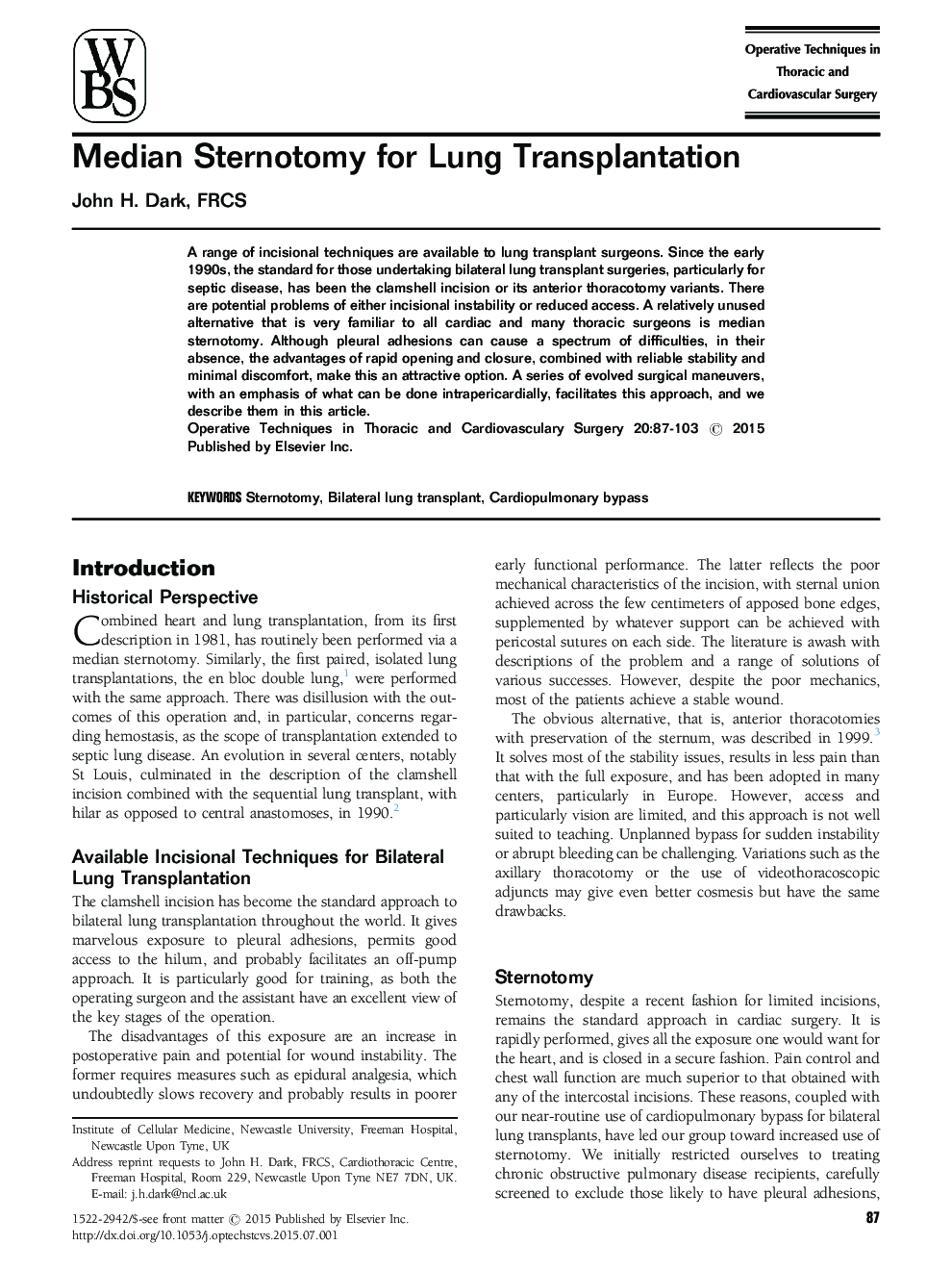 Median Sternotomy for Lung Transplantation