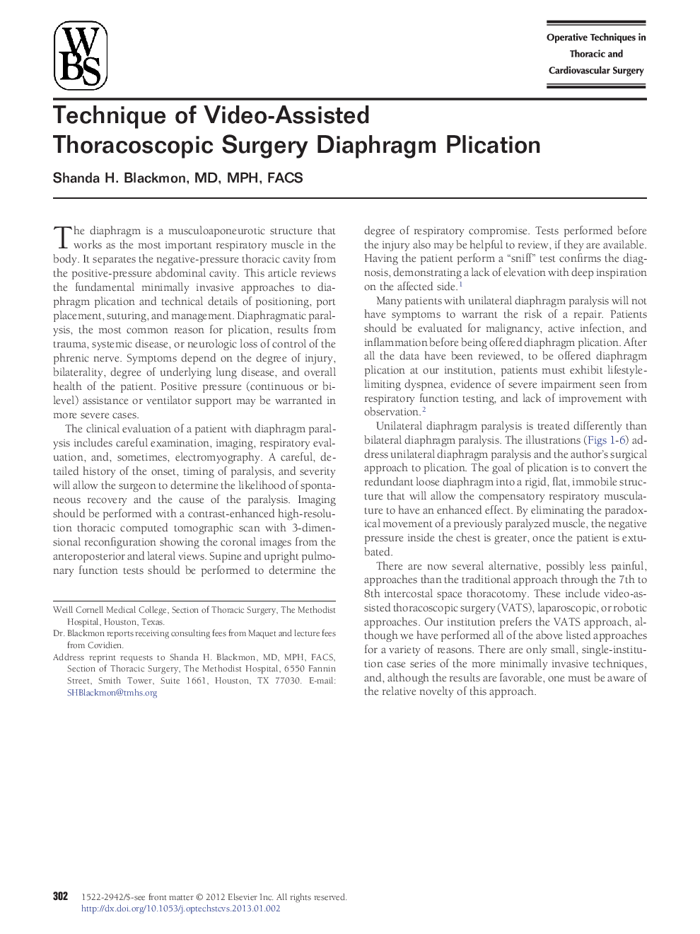 Technique of Video-Assisted Thoracoscopic Surgery Diaphragm Plication