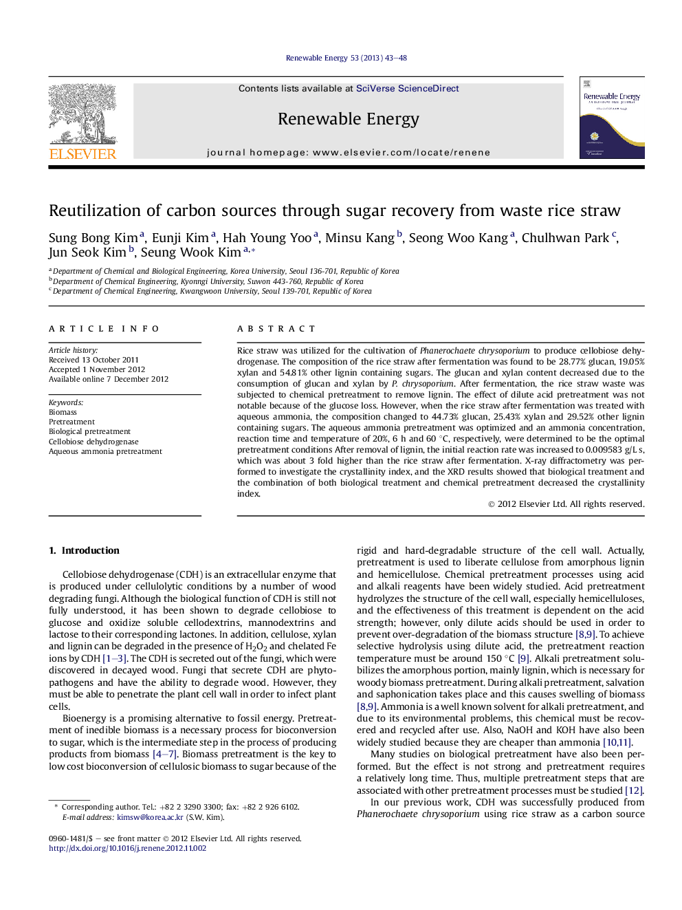 Reutilization of carbon sources through sugar recovery from waste rice straw