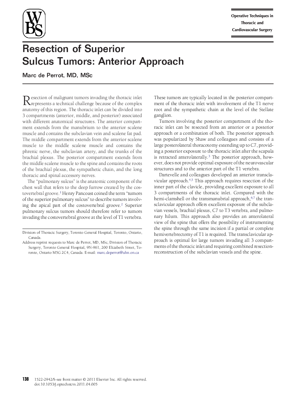 Resection of Superior Sulcus Tumors: Anterior Approach