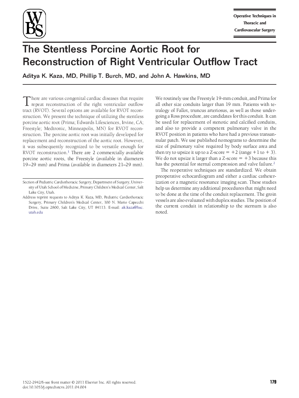 The Stentless Porcine Aortic Root for Reconstruction of Right Ventricular Outflow Tract