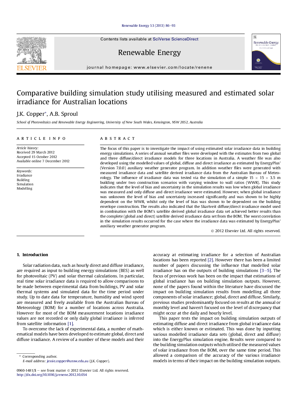 Comparative building simulation study utilising measured and estimated solar irradiance for Australian locations