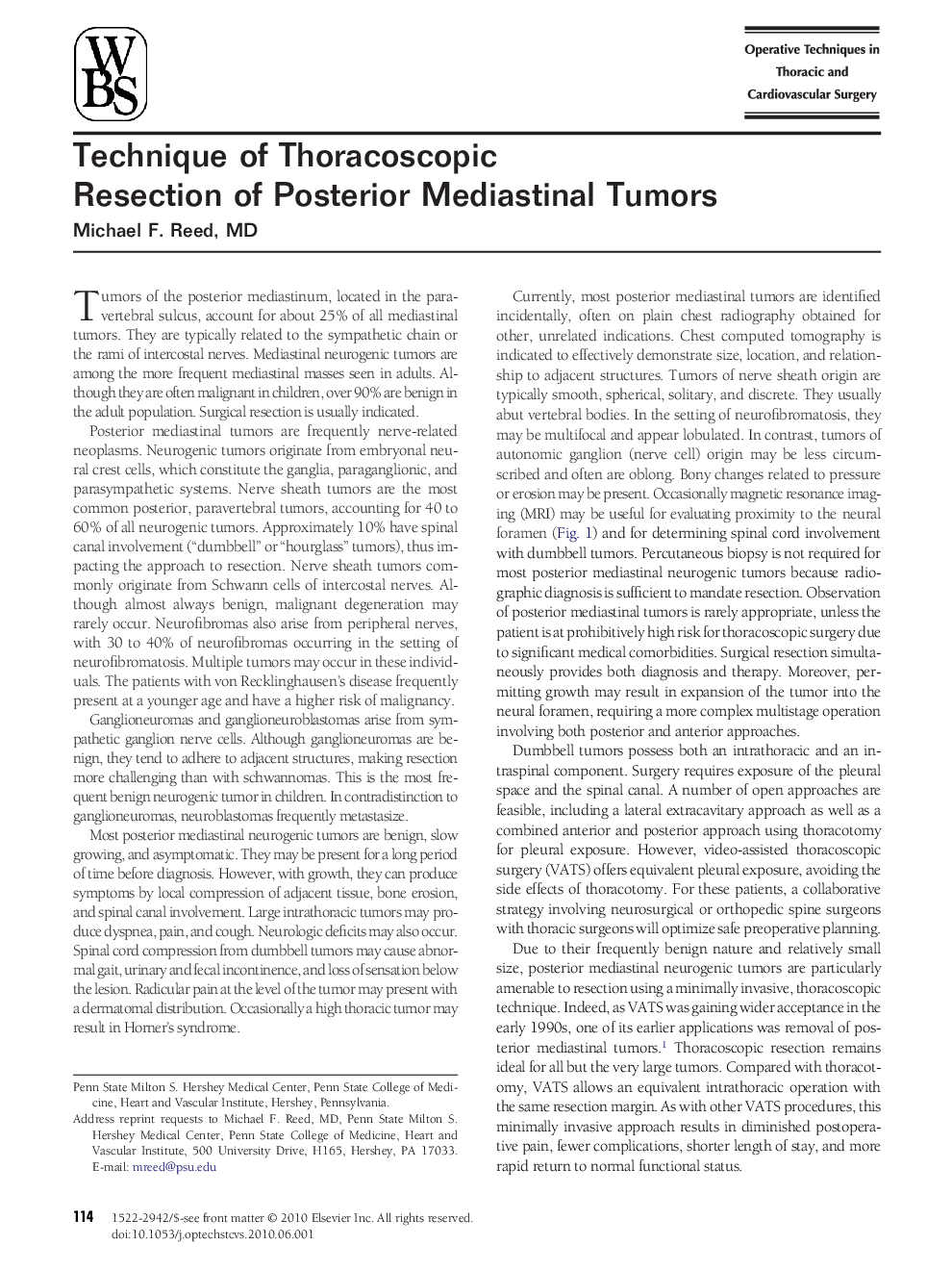 Technique of Thoracoscopic Resection of Posterior Mediastinal Tumors