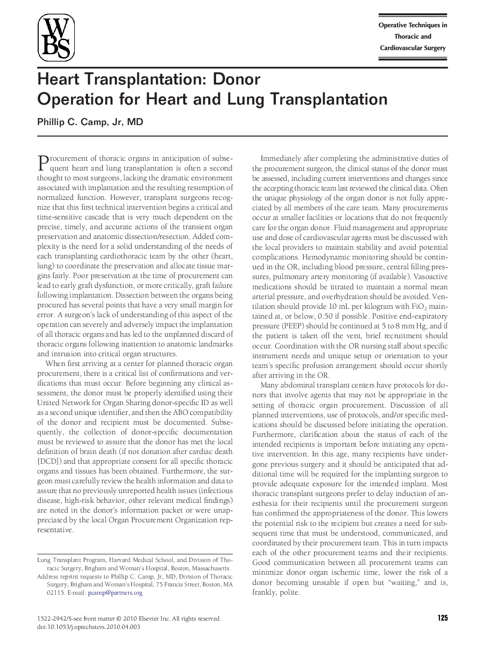 Heart Transplantation: Donor Operation for Heart and Lung Transplantation