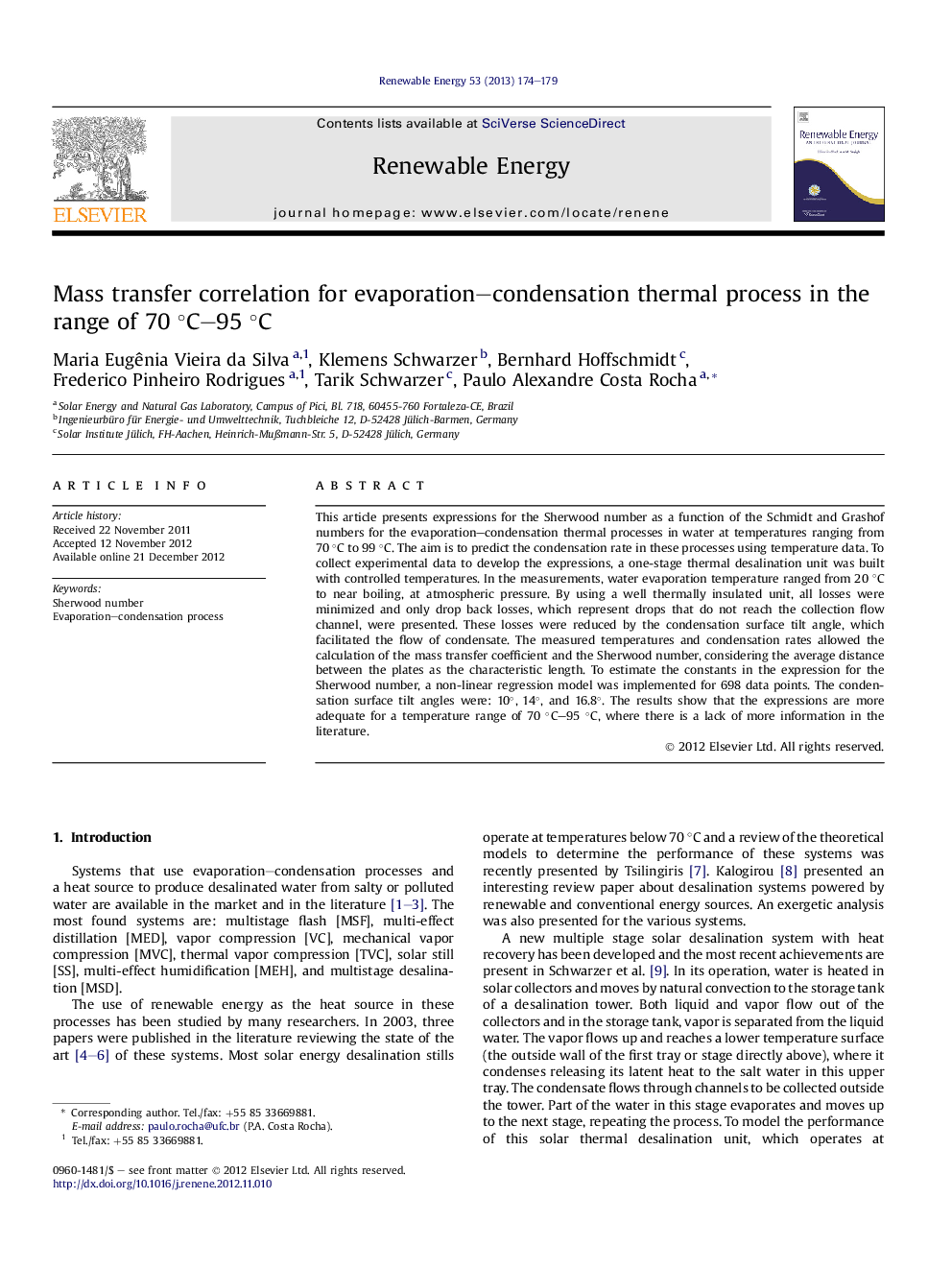 Mass transfer correlation for evaporation–condensation thermal process in the range of 70 °C–95 °C